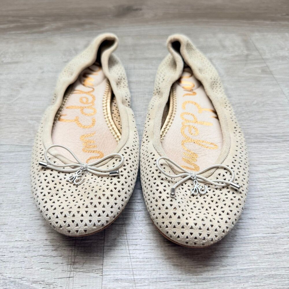 Sam Edelman Women's Felicia Flat Size 7 Cream Tan Suede Perforated Ballet Shoe - Picture 2 of 8